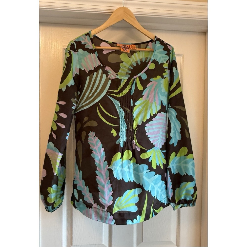 Tory Burch Blouse Womens 8 Brown Silk Tropical Floral Pintuck Scoop Neck Top